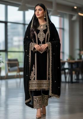 Black Printed Velvet Salwar Suit