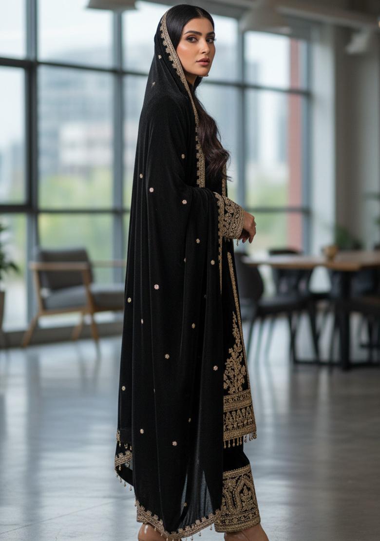 Black Printed Velvet Salwar Suit - Indya