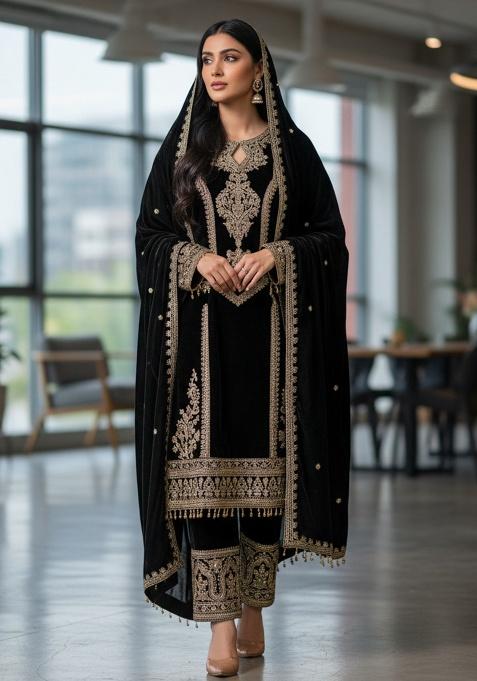 Black Printed Velvet Salwar Suit