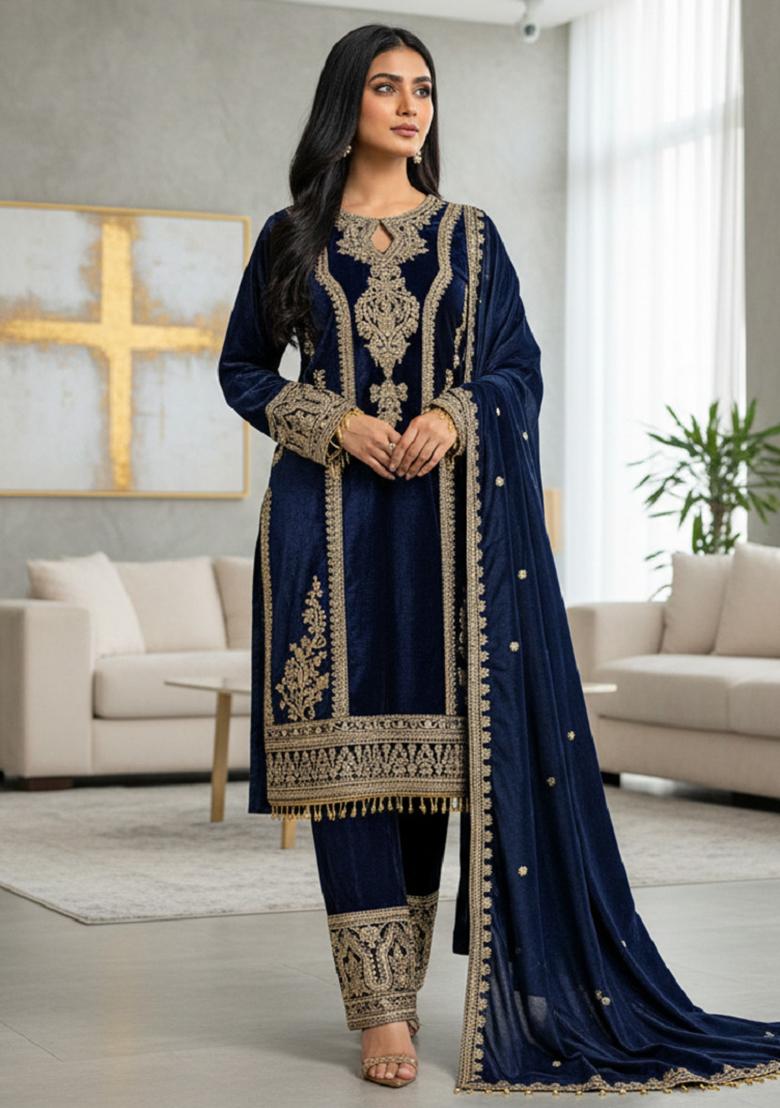 Blue Printed Velvet Salwar Suit - Indya