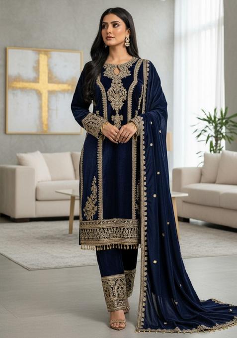 Blue Printed Velvet Salwar Suit