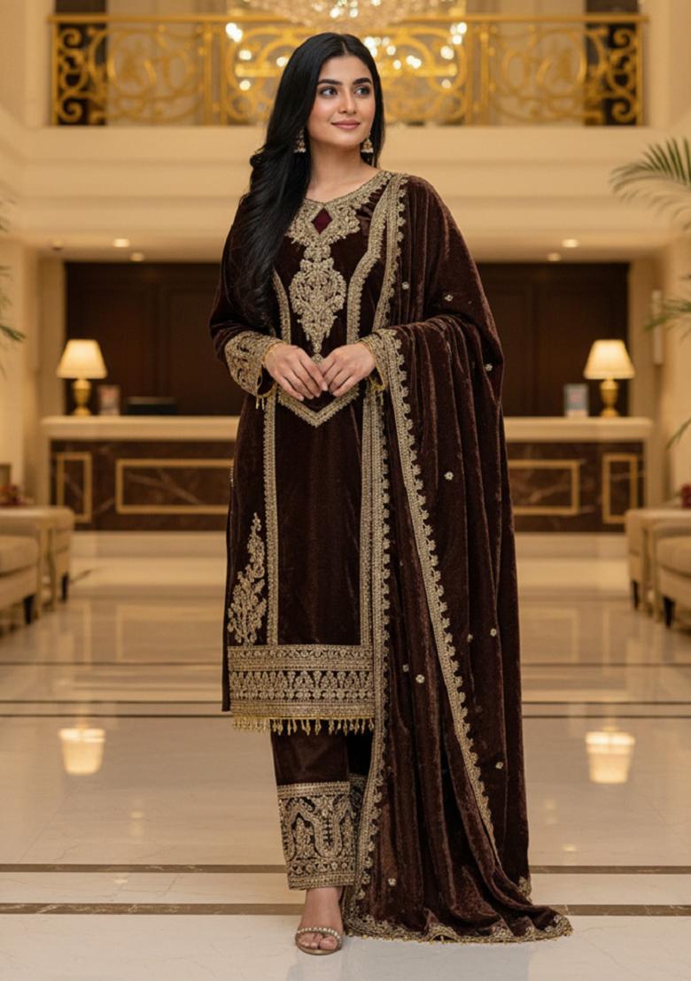 Coffee Printed Velvet Salwar Suit - Indya