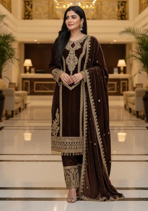 Coffee Printed Velvet Salwar Suit