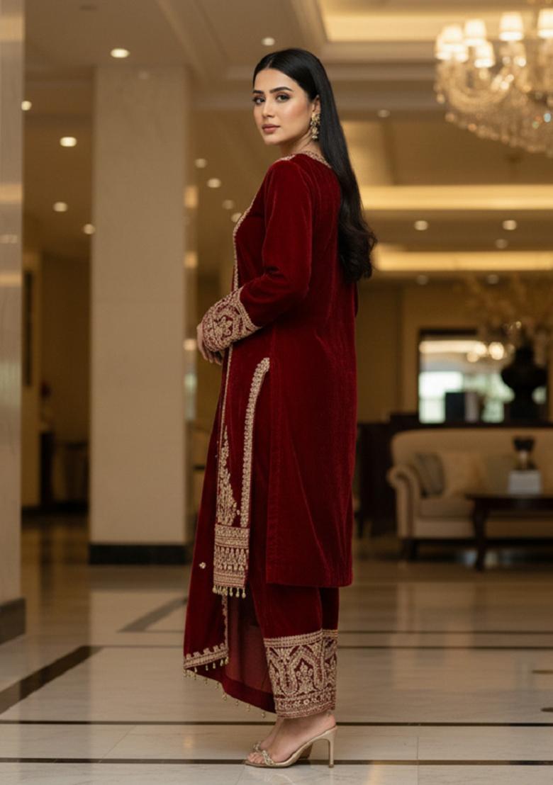Maroon Printed Velvet Salwar Suit - Indya