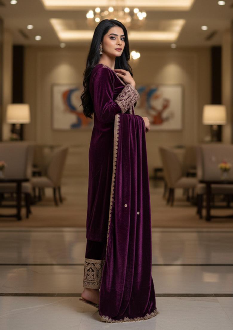 Purple Printed Velvet Salwar Suit - Indya