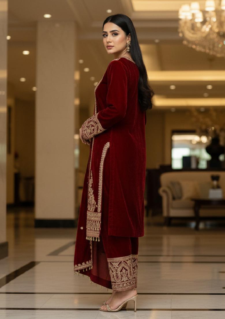 Teal Printed Velvet Salwar Suit - Indya