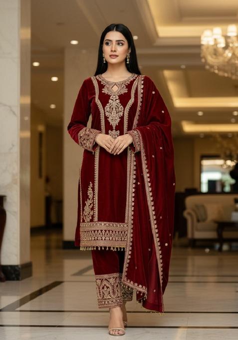 Teal Printed Velvet Salwar Suit