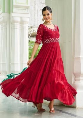 Maroon Printed Georgette Gown Set