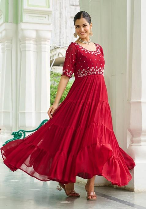 Maroon Printed Georgette Gown Set