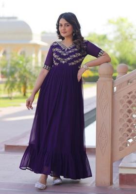 Purple Printed Georgette Gown Set
