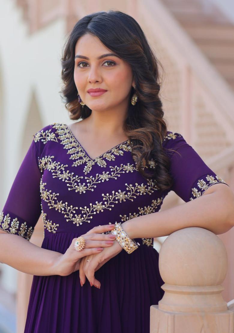 Purple Printed Georgette Gown Set - Indya