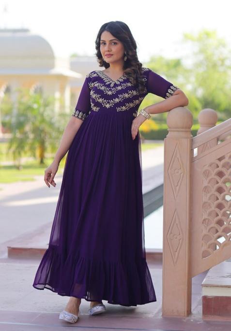 Purple Printed Georgette Gown Set