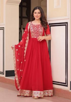 Red Printed Georgette Gown Set