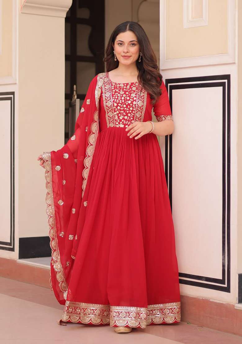 Red Embroidered Georgette Anarkali Set - Indya