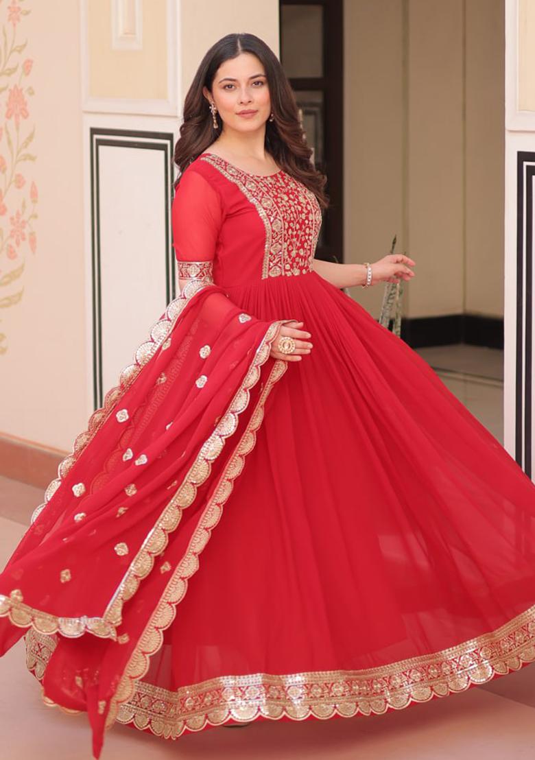 Red Printed Georgette Gown Set - Indya