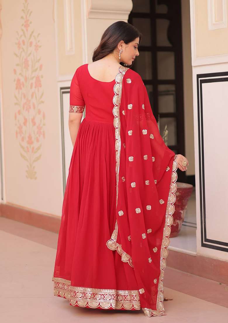 Red Embroidered Georgette Anarkali Set - Indya