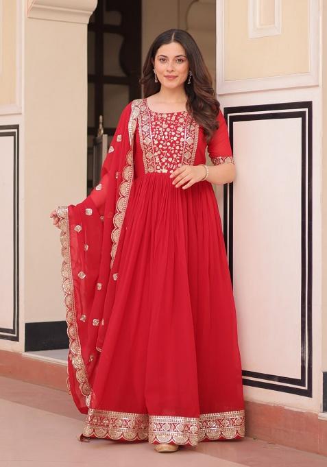 Red Printed Georgette Gown Set