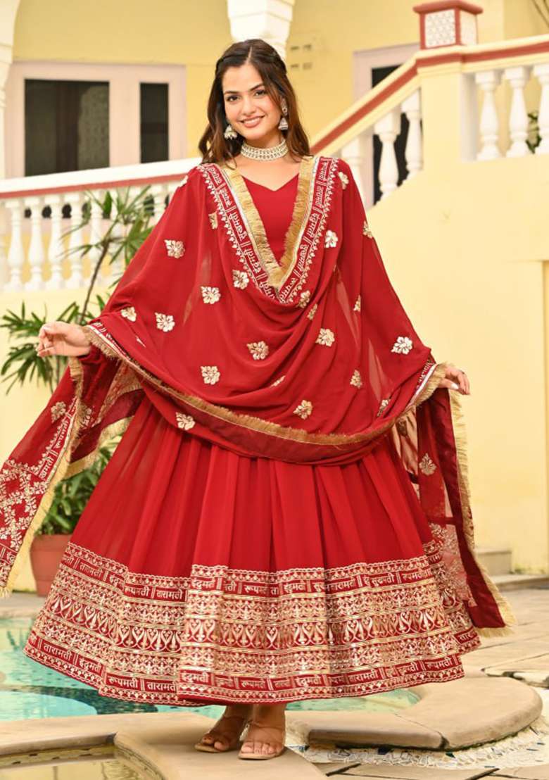 Red Embroidered Georgette Anarkali Set - Indya