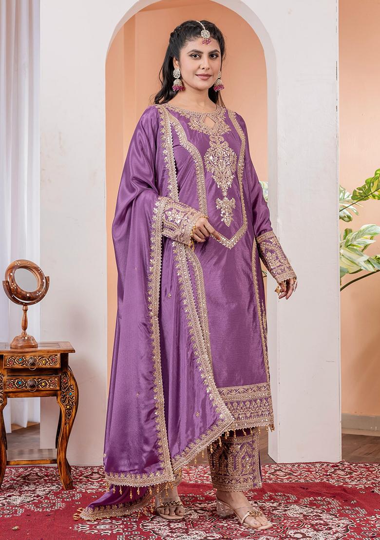 Lavender Printed Chinon Salwar Suit - Indya