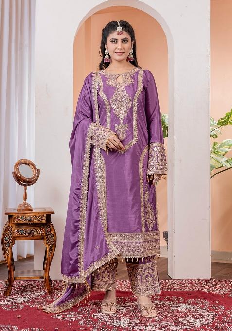 Lavender Printed Chinon Salwar Suit