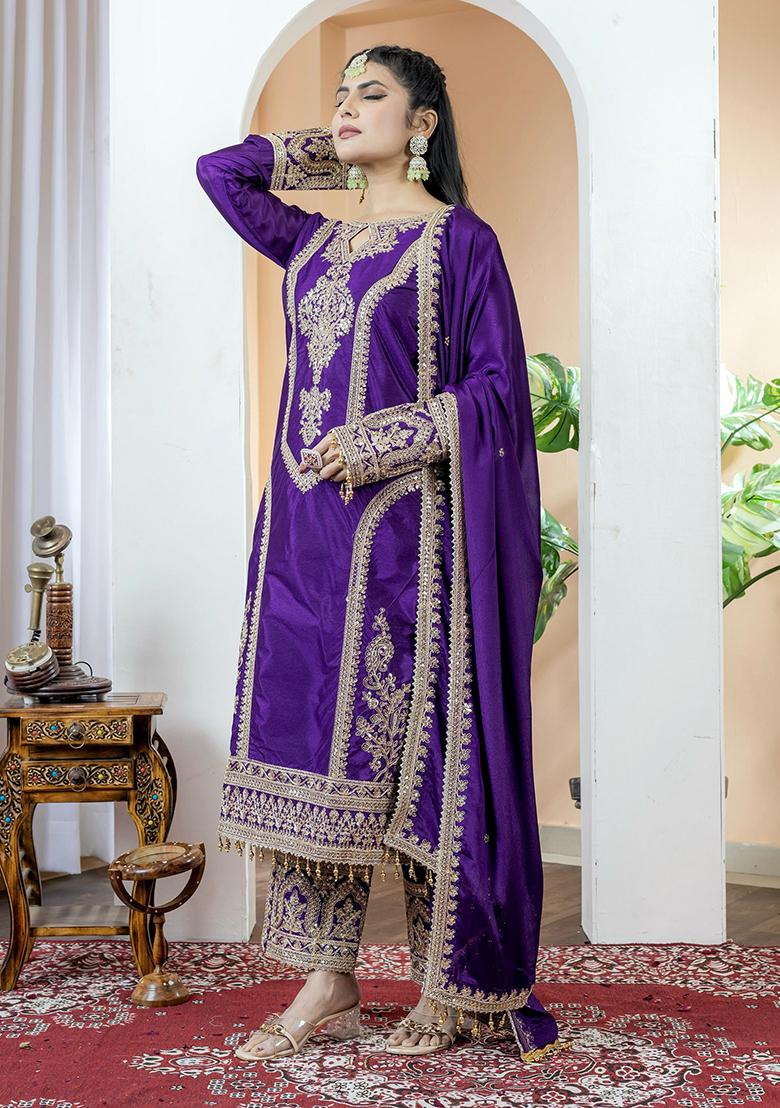 Purple Printed Chinon Salwar Suit - Indya