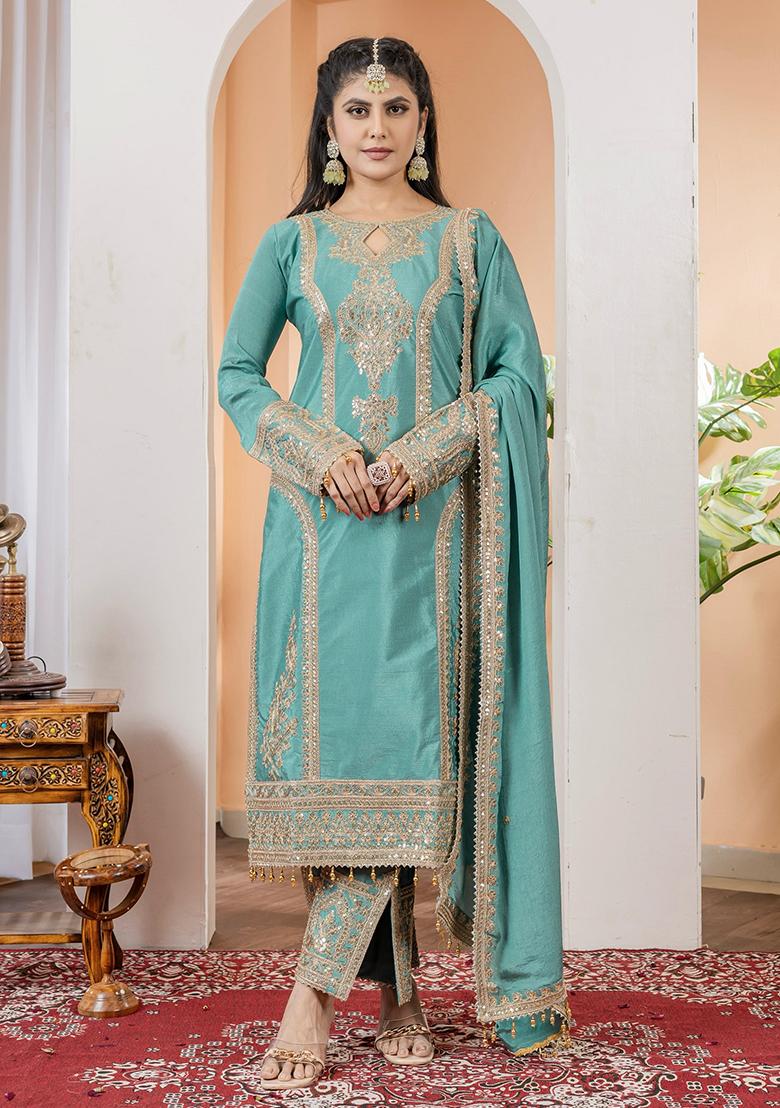 Turquoise Printed Chinon Salwar Suit - Indya
