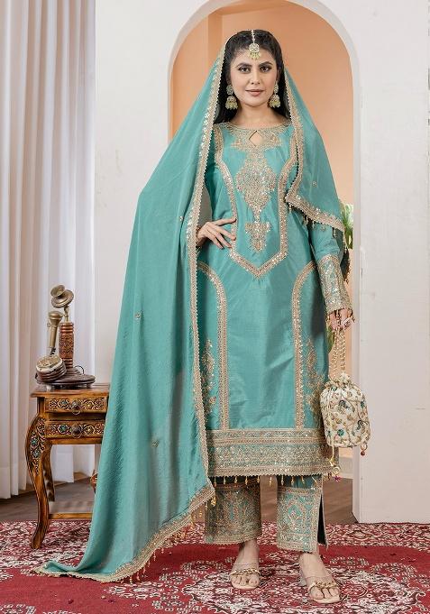 Turquoise Printed Chinon Salwar Suit