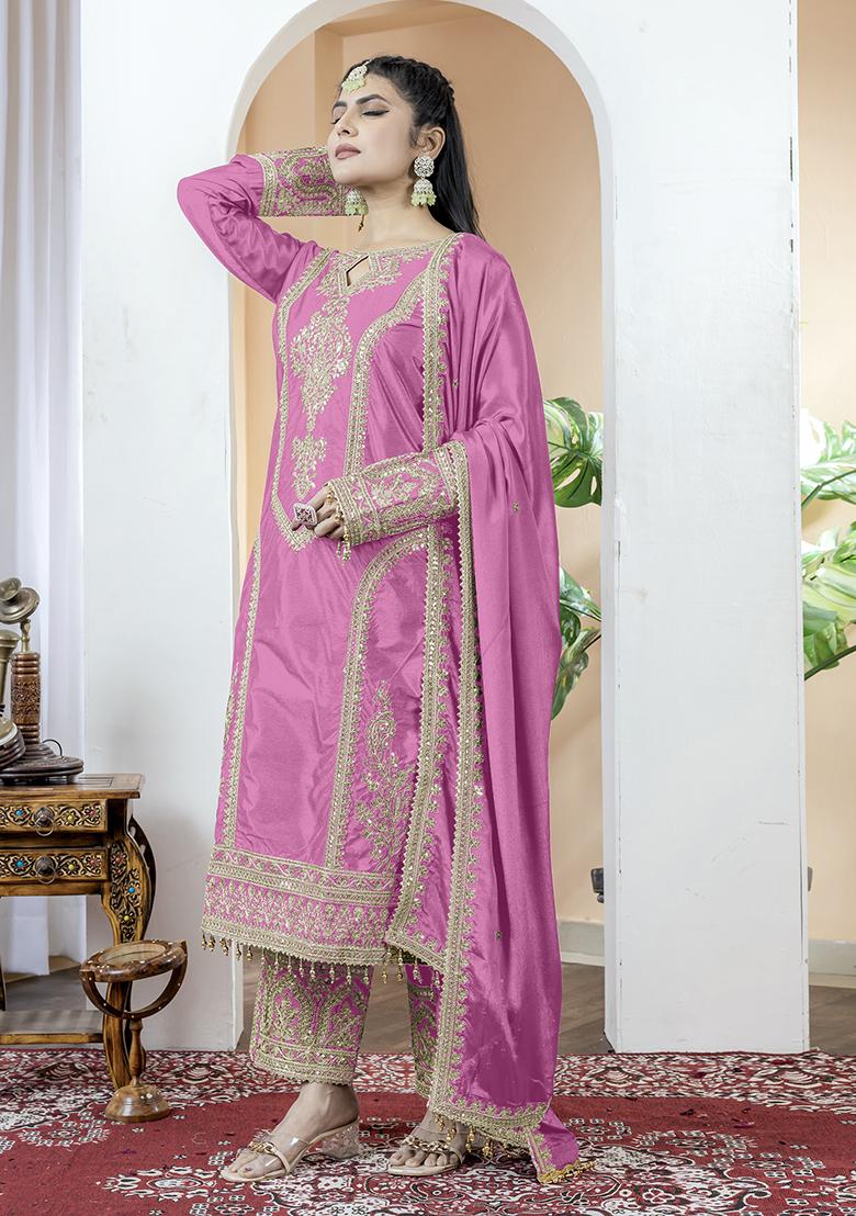 Baby Pink Printed Chinon Salwar Suit - Indya