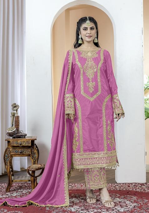 Baby Pink Printed Chinon Salwar Suit