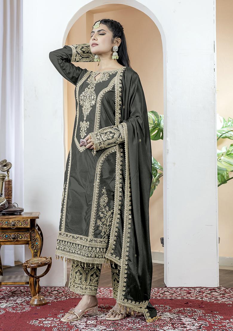 Black Printed Chinon Salwar Suit - Indya