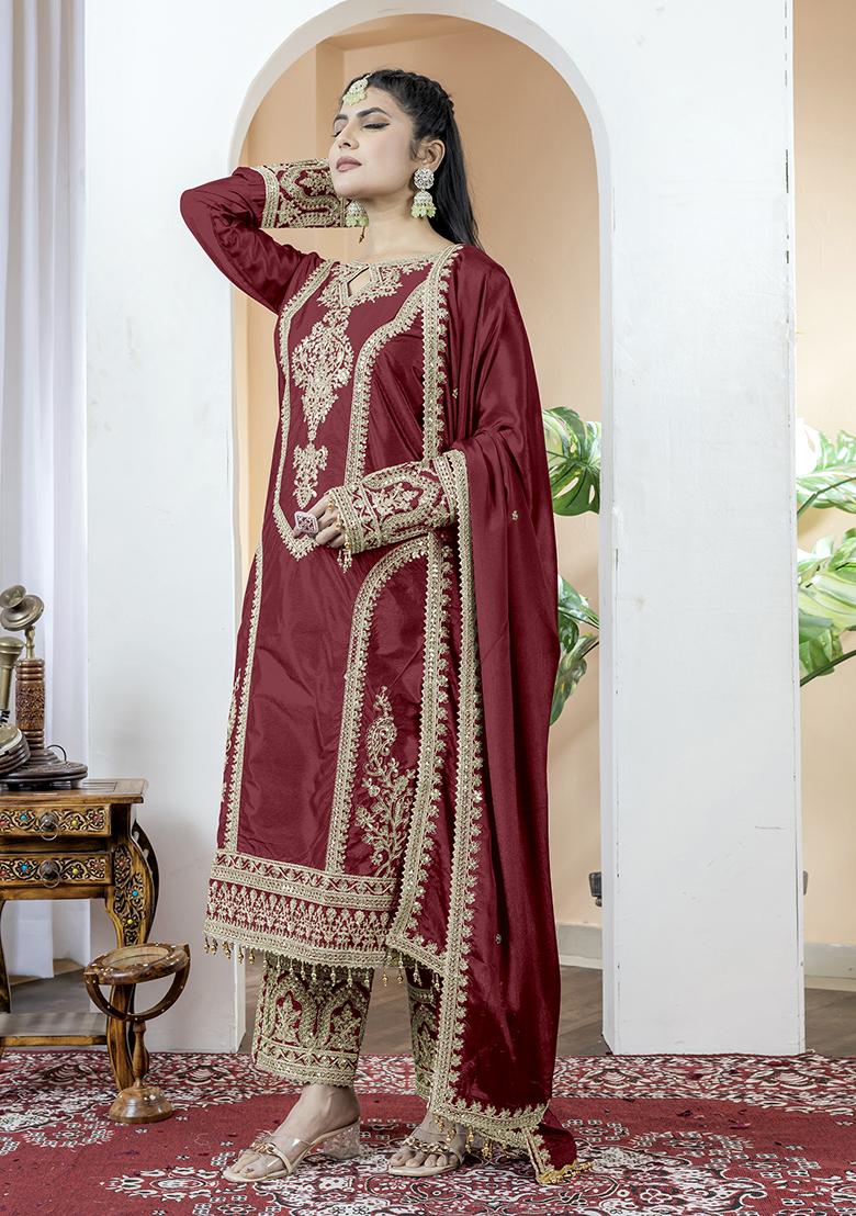 Maroon Printed Chinon Salwar Suit - Indya