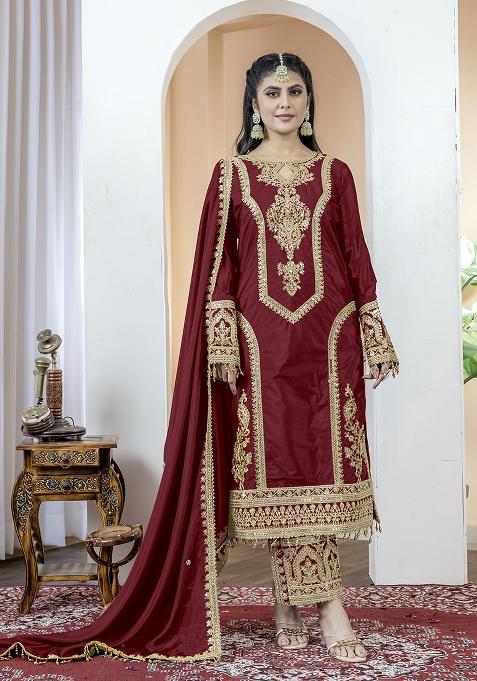 Maroon Printed Chinon Salwar Suit