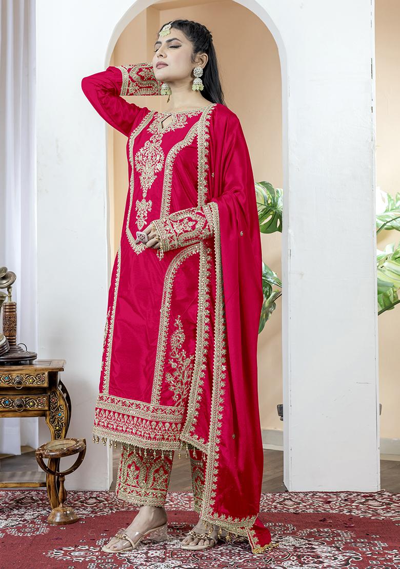 Red Printed Chinon Salwar Suit - Indya