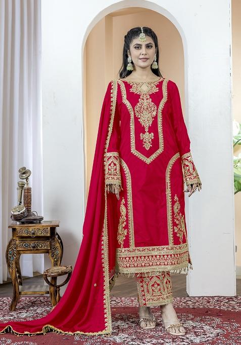 Red Printed Chinon Salwar Suit