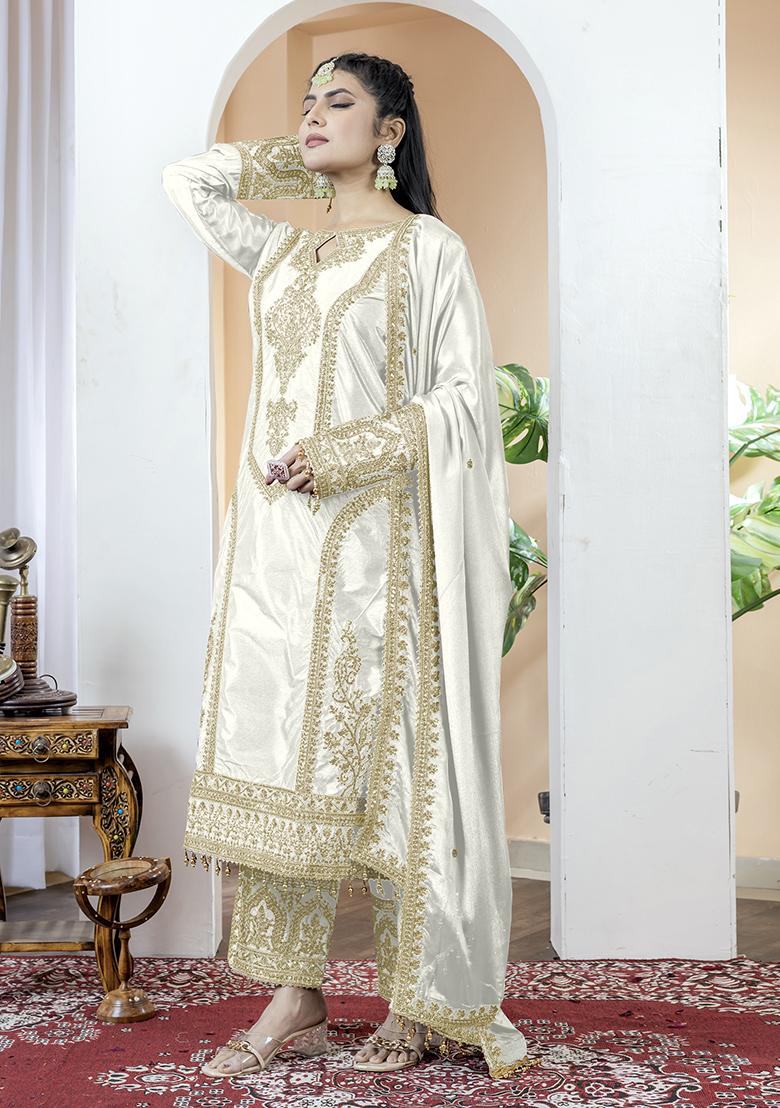 White Printed Chinon Salwar Suit - Indya
