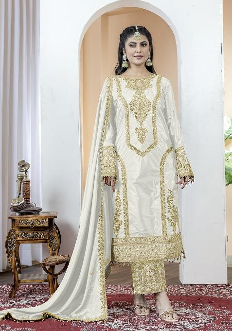 White Printed Chinon Salwar Suit