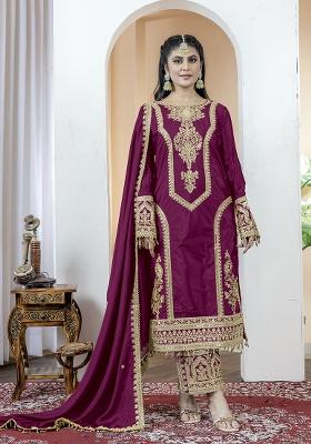 Wine Printed Chinon Salwar Suit