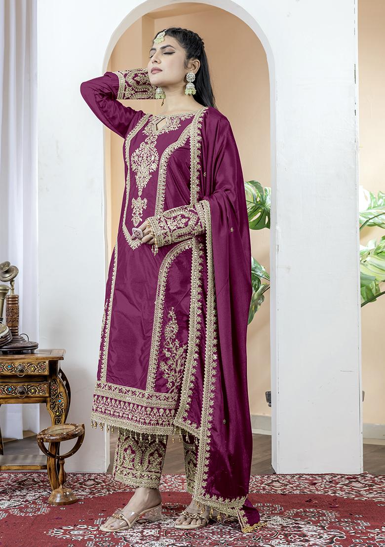 Wine Printed Chinon Salwar Suit - Indya