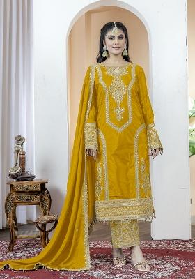 Yellow Printed Chinon Salwar Suit