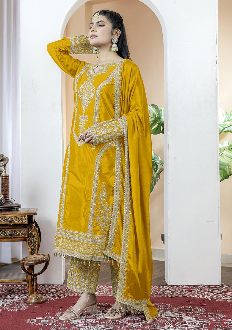 Yellow Printed Chinon Salwar Suit - Indya
