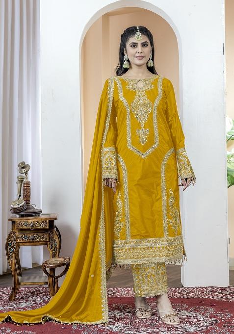 Yellow Printed Chinon Salwar Suit