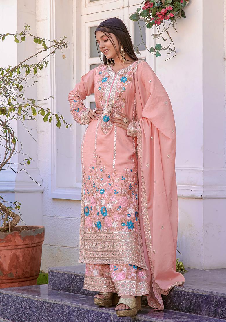 Peach Printed Chinon Salwar Suit - Indya