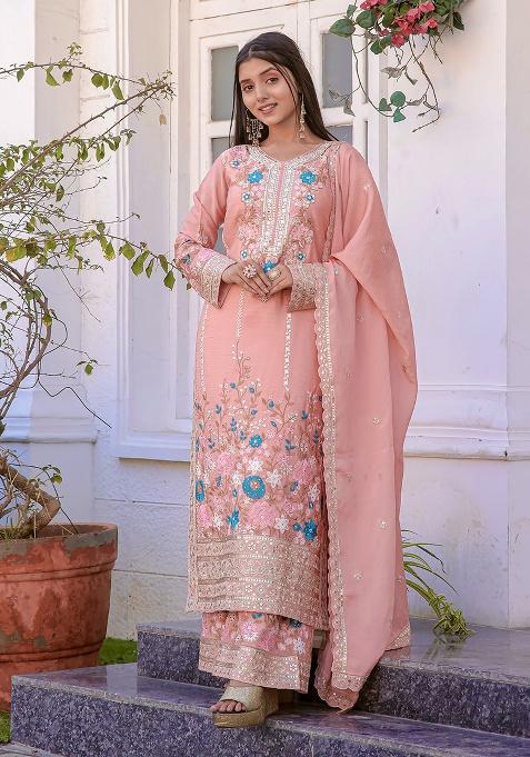 Peach Printed Chinon Salwar Suit