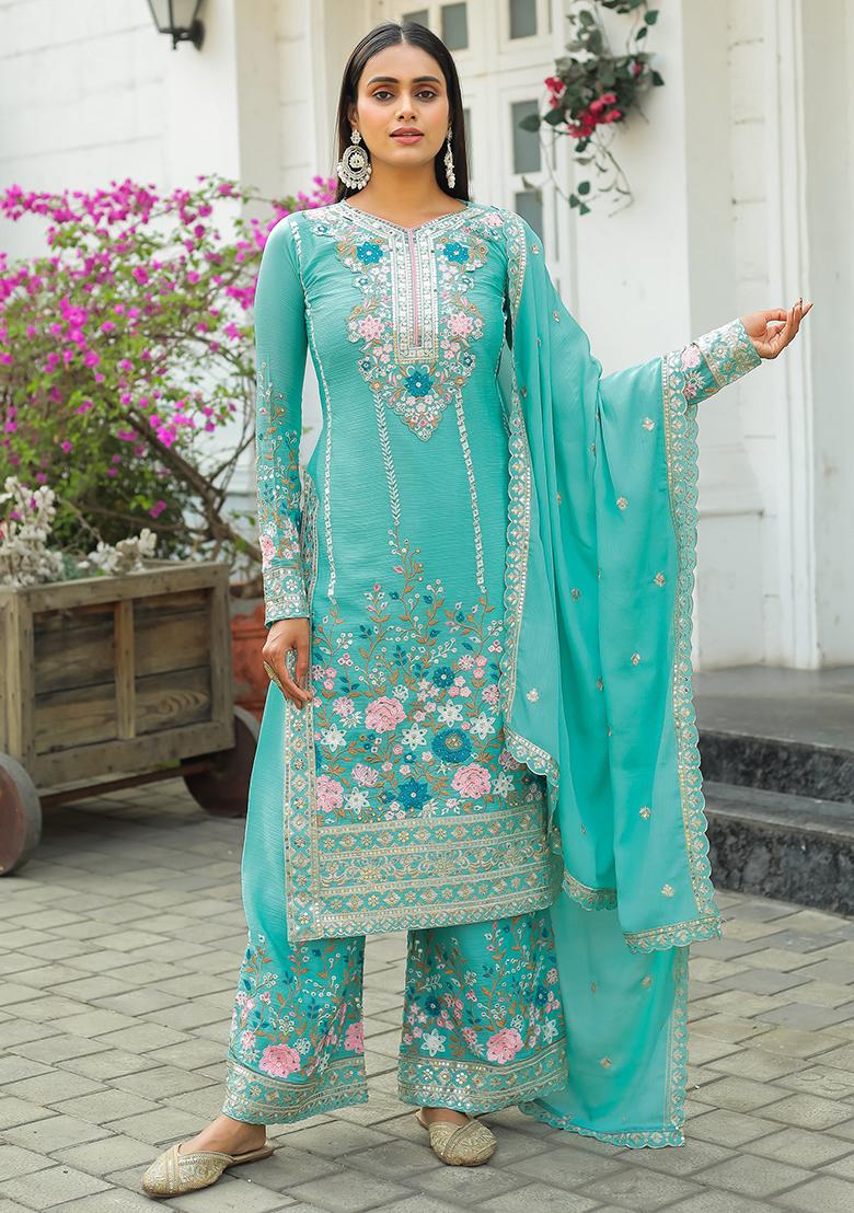 Turquoise Printed Chinon Salwar Suit - Indya
