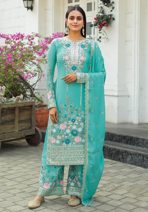 Turquoise Embroidered Chinon Straight Kurta Set