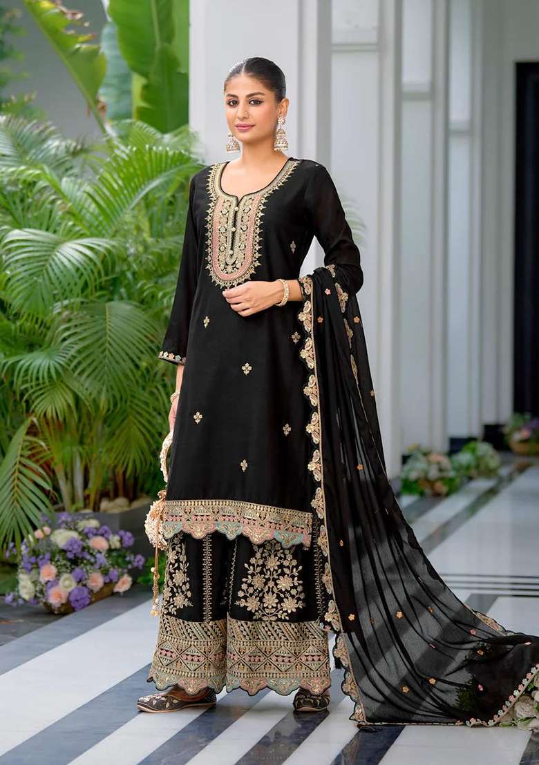 Black Embroidered Chinon Sharara Set - Indya
