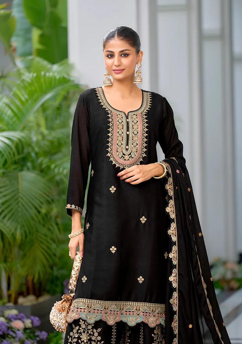 Black Printed Chinon Salwar Suit - Indya