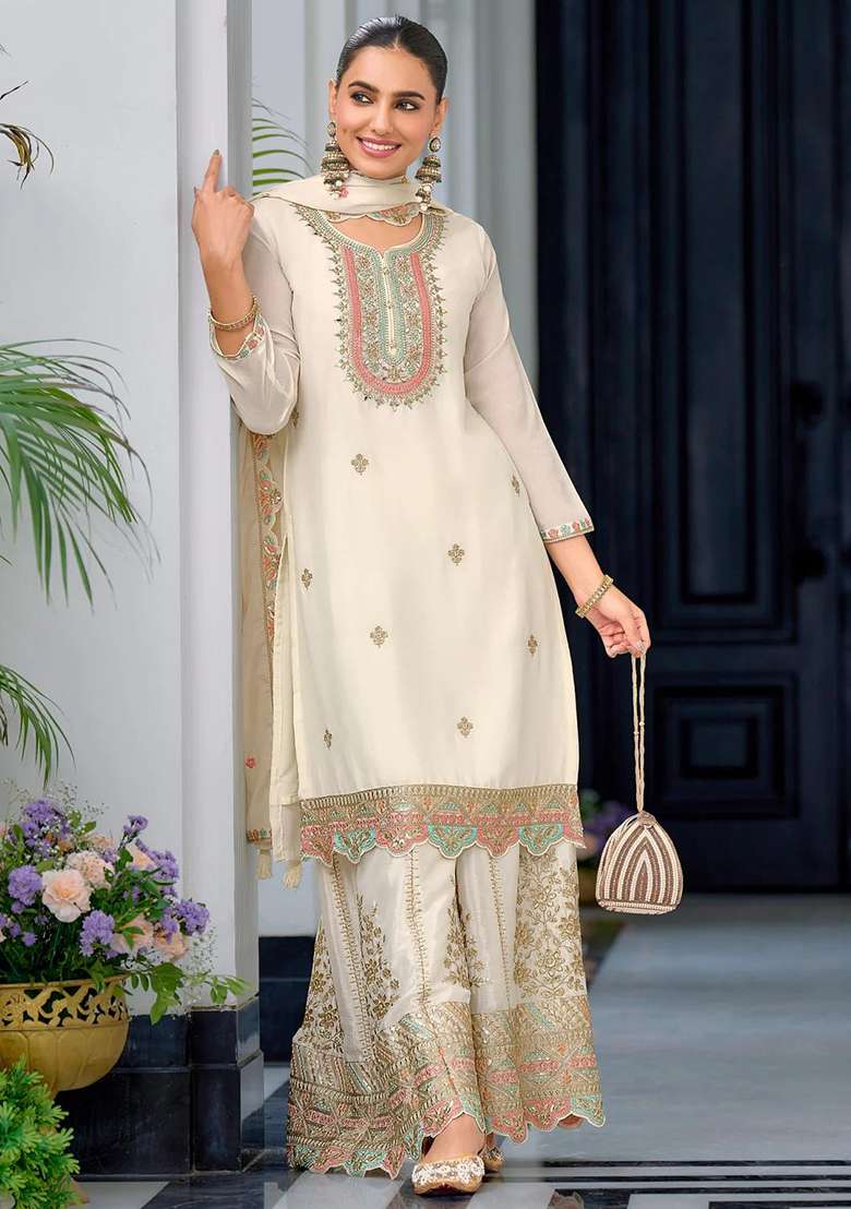 Off White Embroidered Chinon Sharara Set - Indya