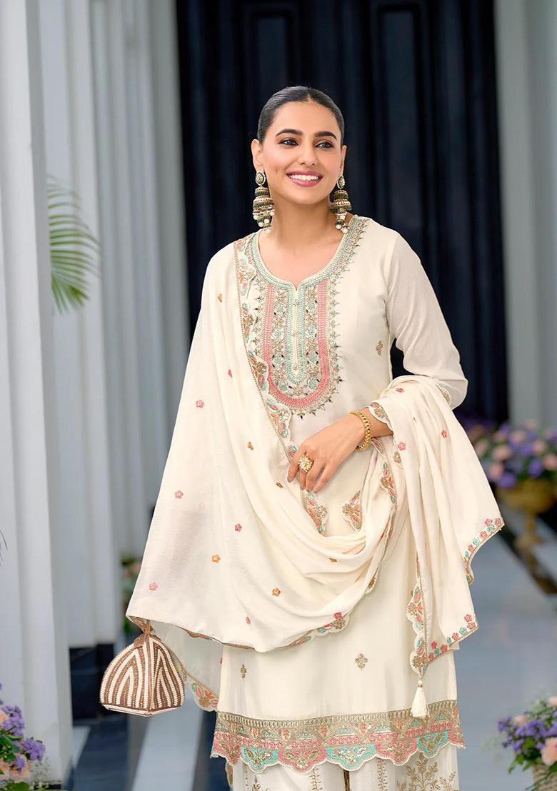 Off White Printed Chinon Salwar Suit - Indya