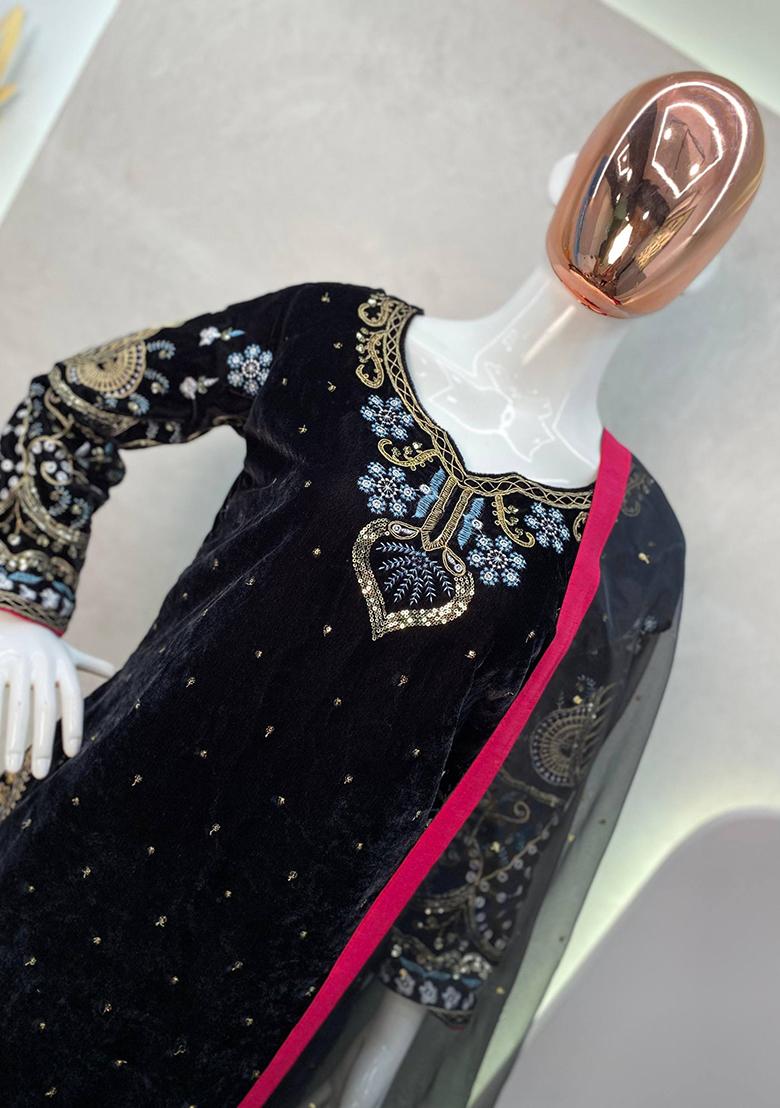 Black Embroidery Viscose Velvet Kurta Set - Indya